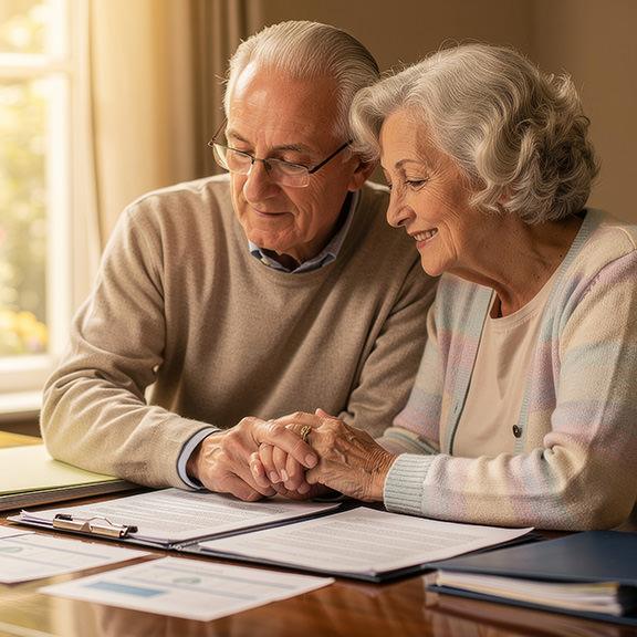 Elderly couple sitting together looking over their will