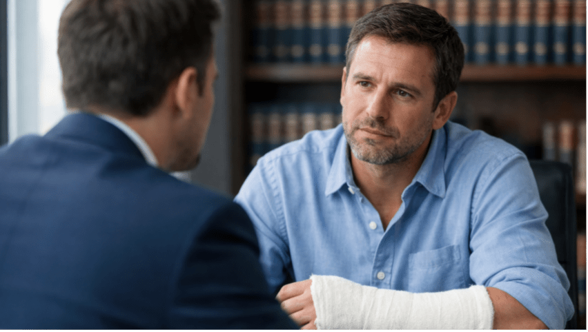 Man with cast talking with Gainesville personal injury lawyer