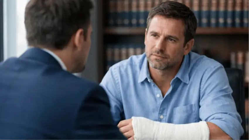 Man with cast talking with attorney